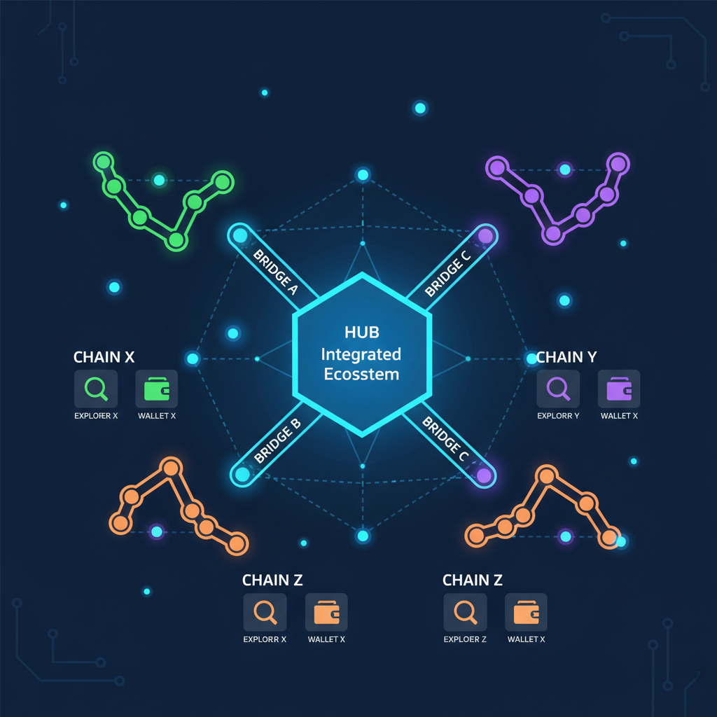 integrated blockchain ecosystem with bridges explorers wallets, interconnected chains, glowing nodes, cyberpunk network map