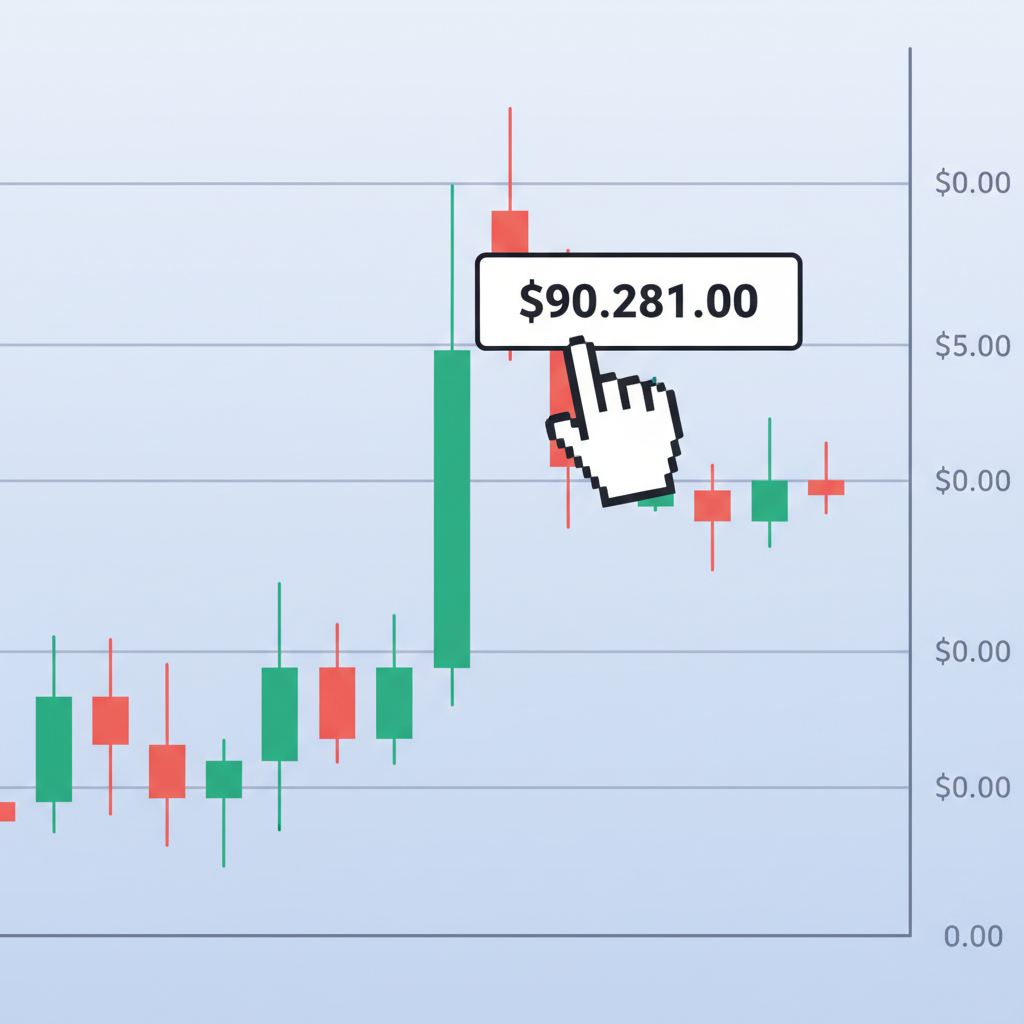 BTC candlestick chart zoomed on $90,281 high wick, cursor clicking it, price label visible