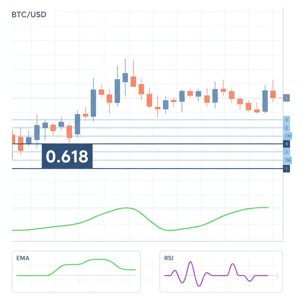 Customized Fib retracement on BTC chart with 0.618 bold, EMA and RSI overlaid