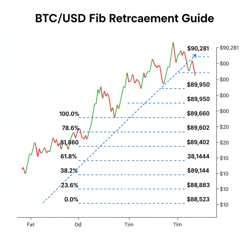 BTC chart with Fib retracement being drawn from $90,281 high to $88,523 low, levels appearing