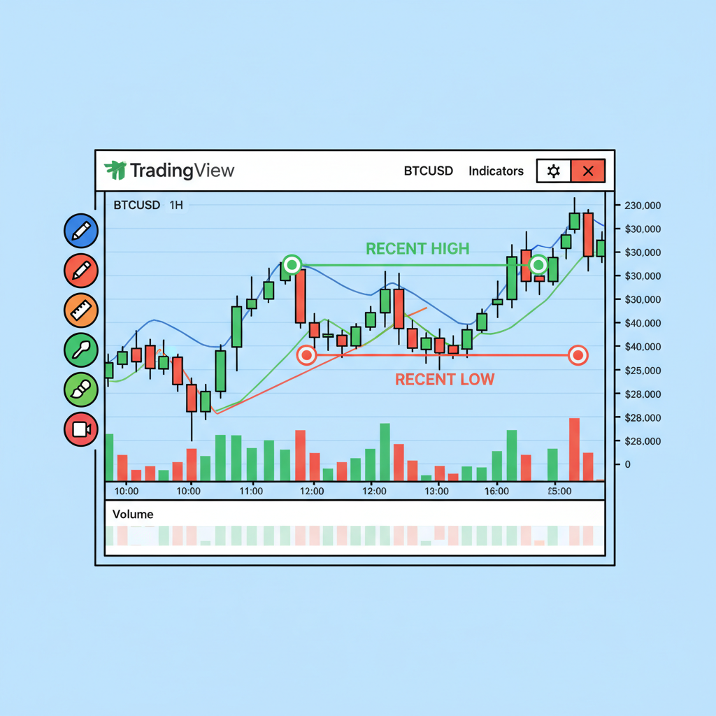 TradingView dashboard open with BTCUSD 1H chart visible, recent high low marked, vibrant trading interface