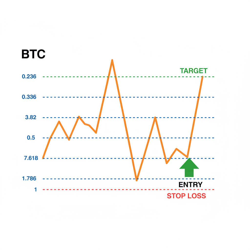 BTC chart showing price bouncing at 0.618 Fib with entry arrow, stop loss, target marked