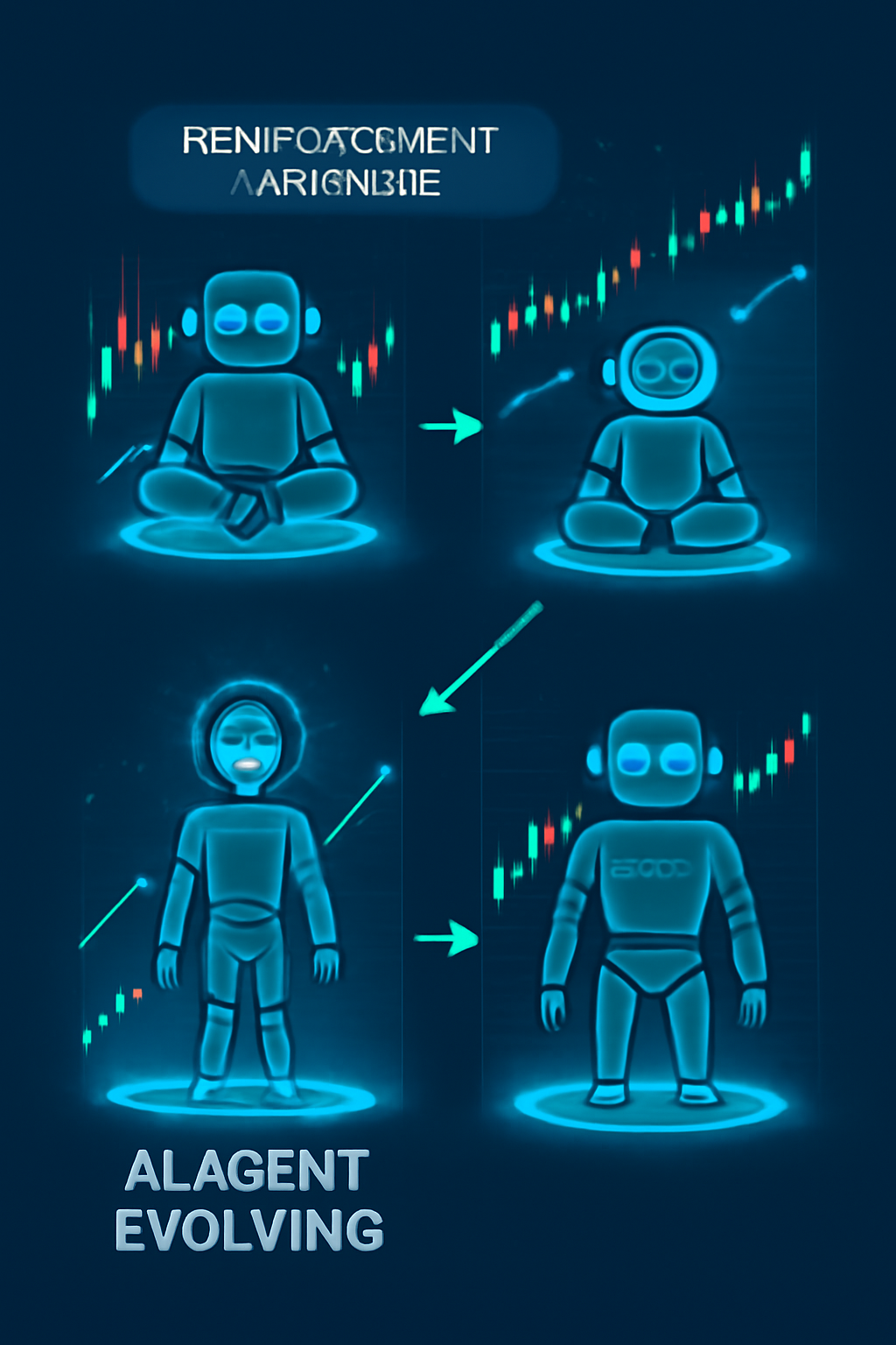 AI agent evolving via reinforcement learning loops on dynamic crypto charts, futuristic glow