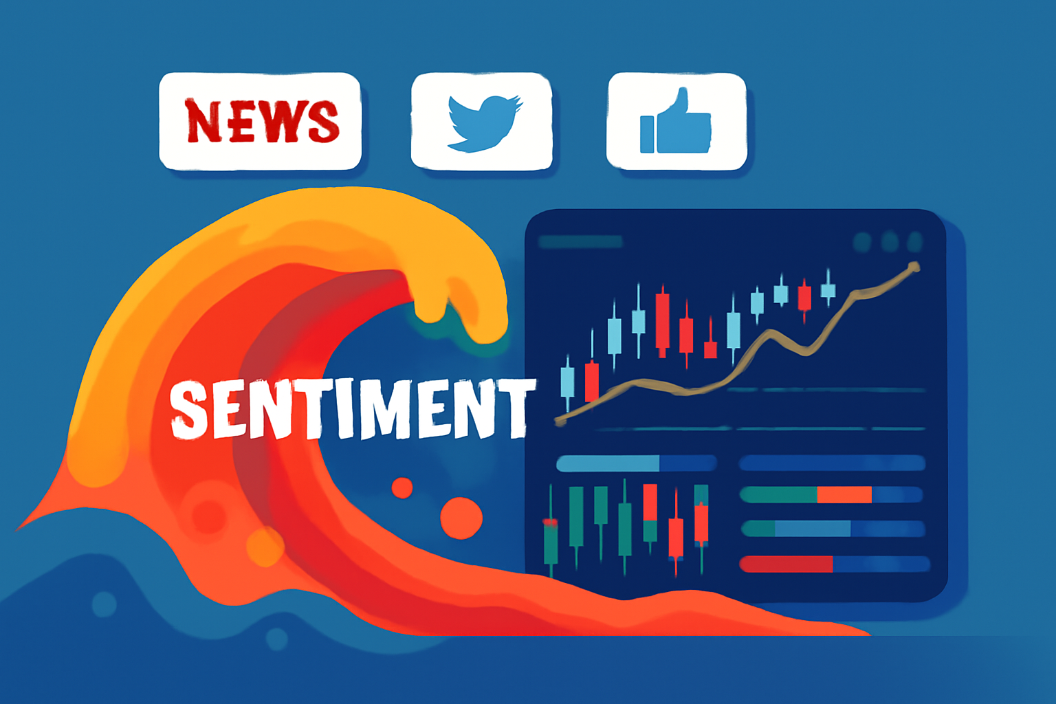 sentiment waves crashing on trading dashboard with news headlines and social icons, vibrant tech