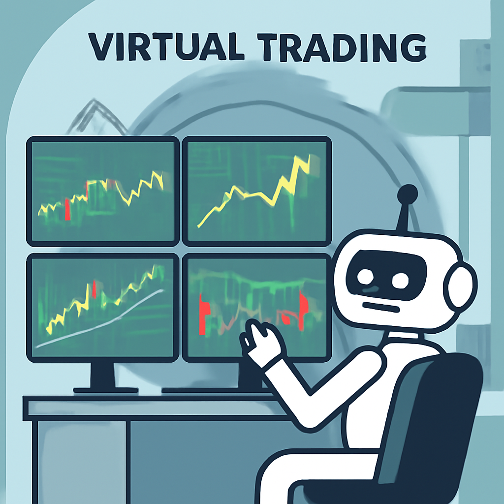 virtual trading vault simulation with AI bot executing strategies on multi-screen charts