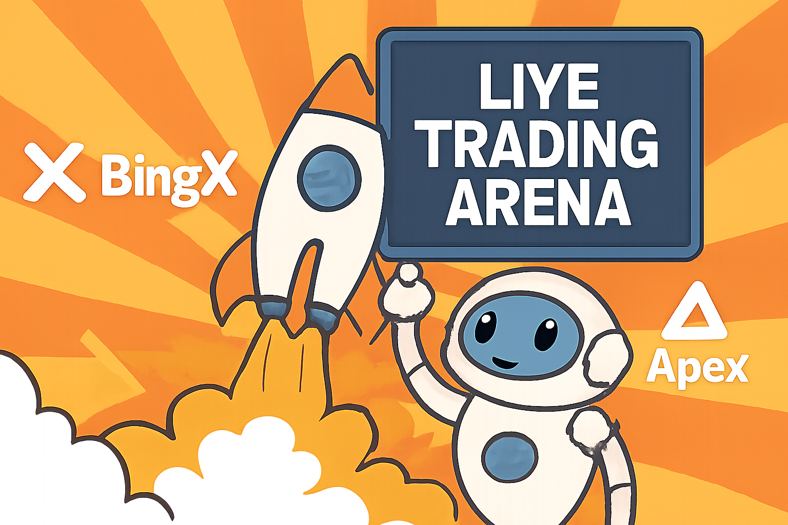 AI bot launching rocket into live trading arena with BingX and ApeX logos, explosive energy