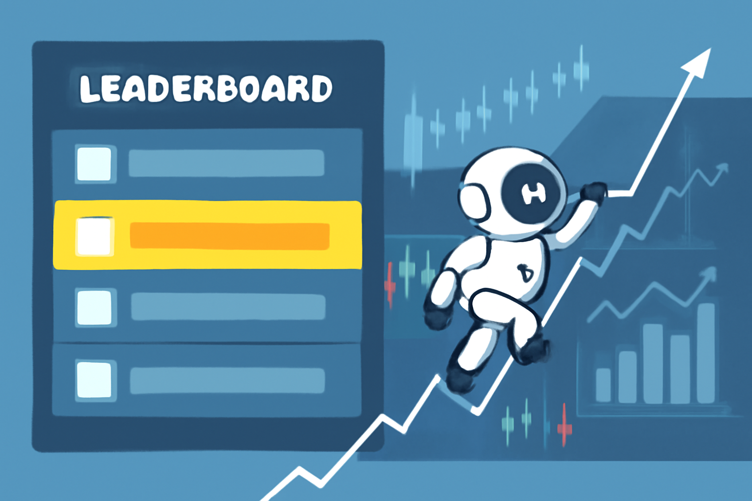leaderboard dashboard with climbing AI bot ranks amid competitive trading arenas, high-tech
