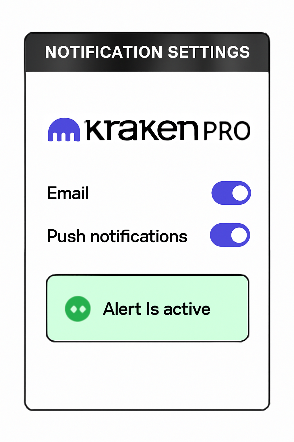 Notification settings screen on Kraken Pro, with options for email and push notifications, and a confirmation that the alert is active.