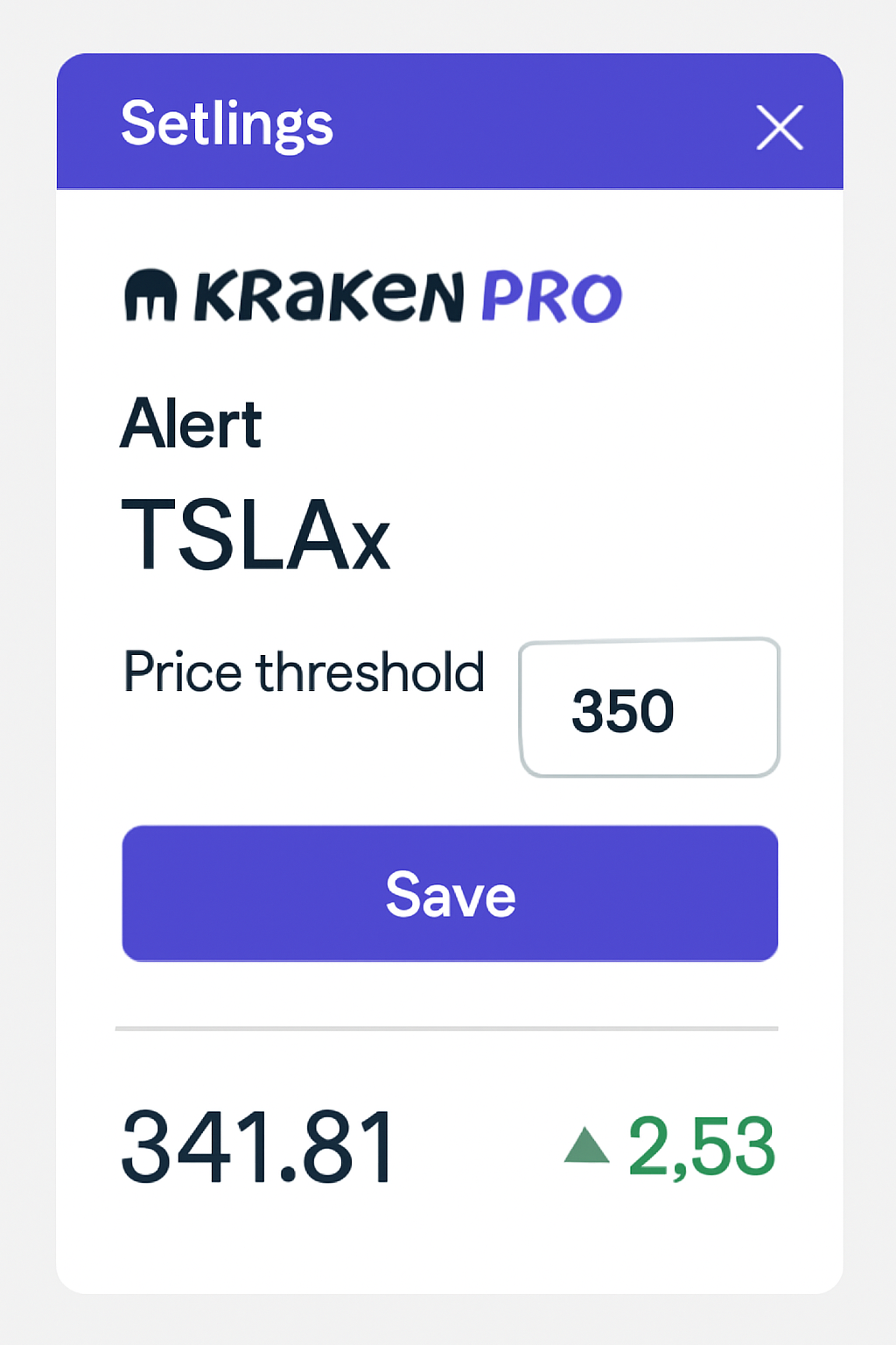 A settings window on Kraken Pro showing a user entering a specific price threshold for a TSLAx alert, with real-time price visible.