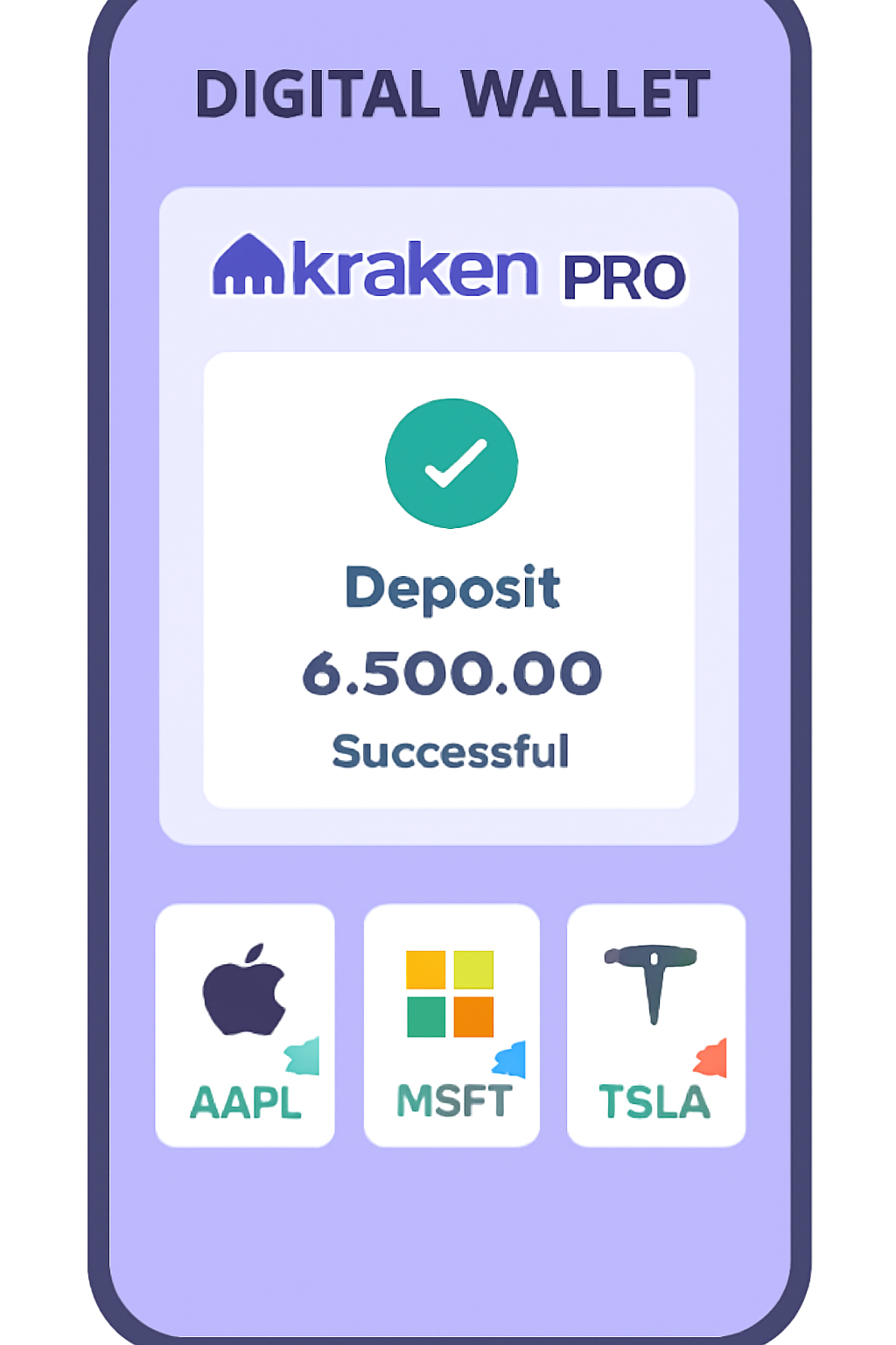 A digital wallet interface showing a successful deposit of funds on Kraken Pro, with tokenized stock icons visible.