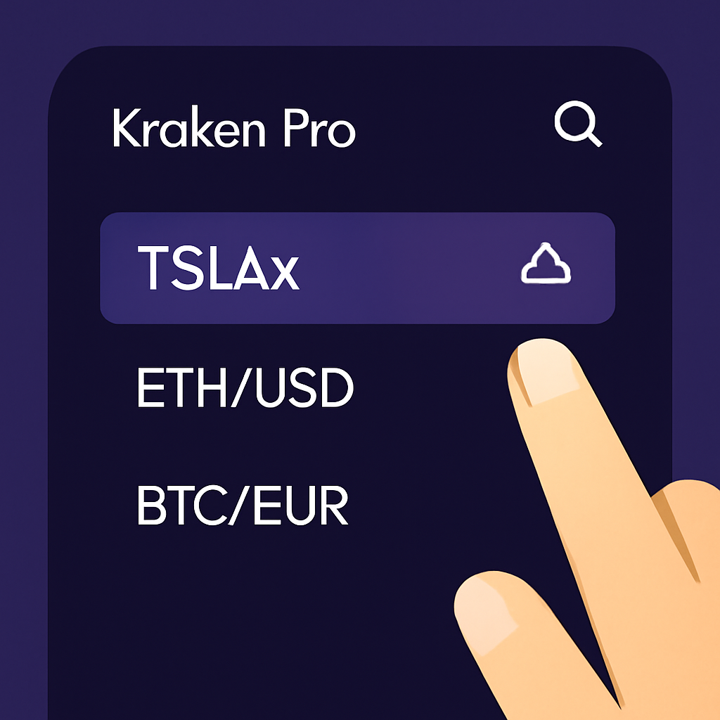 A close-up of the Kraken Pro interface with a user selecting TSLAx and clicking the bell icon for price alerts.