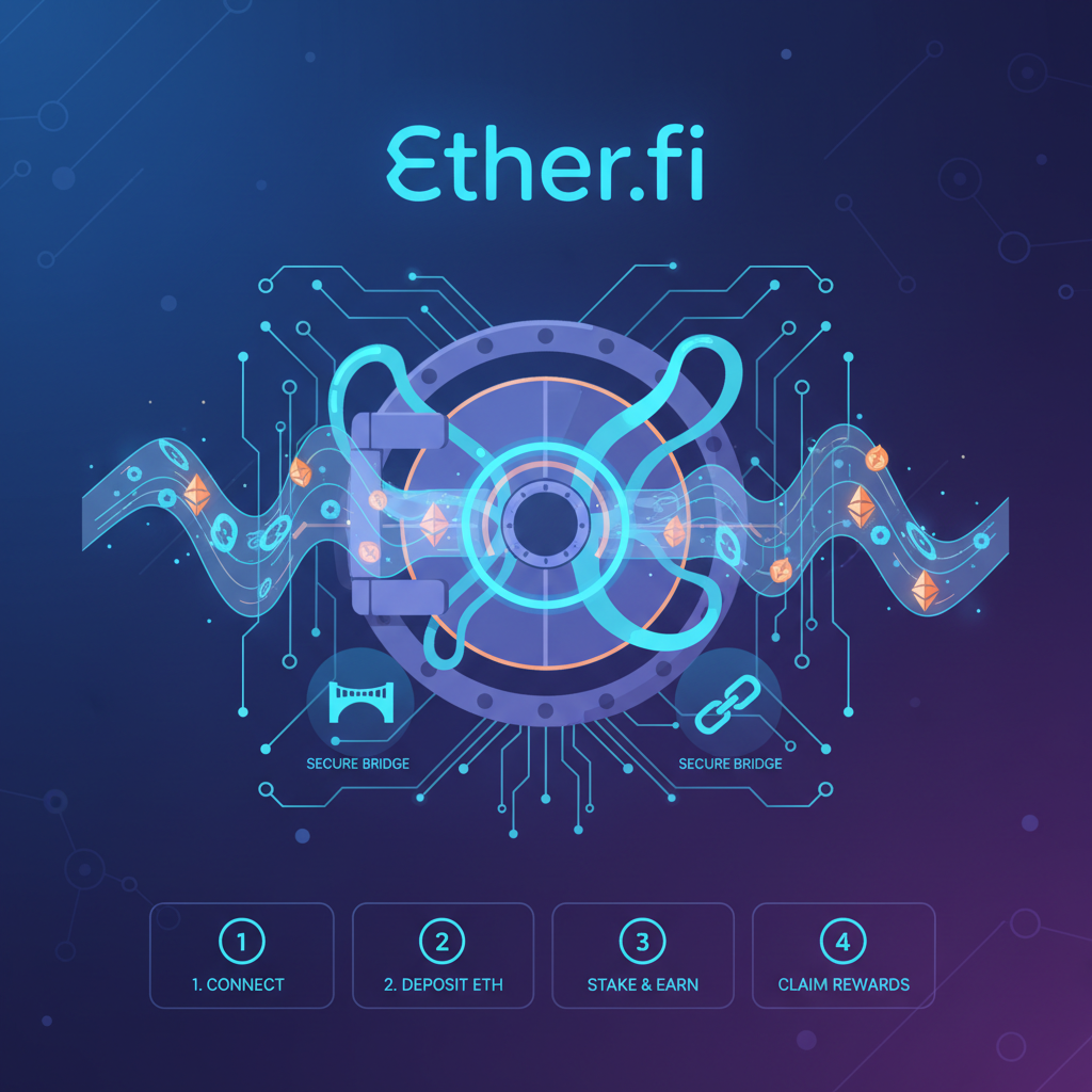 Symbiotic vault interface with Ether.fi integration, holographic ETH flows, secure bridge icons, neon blue tones