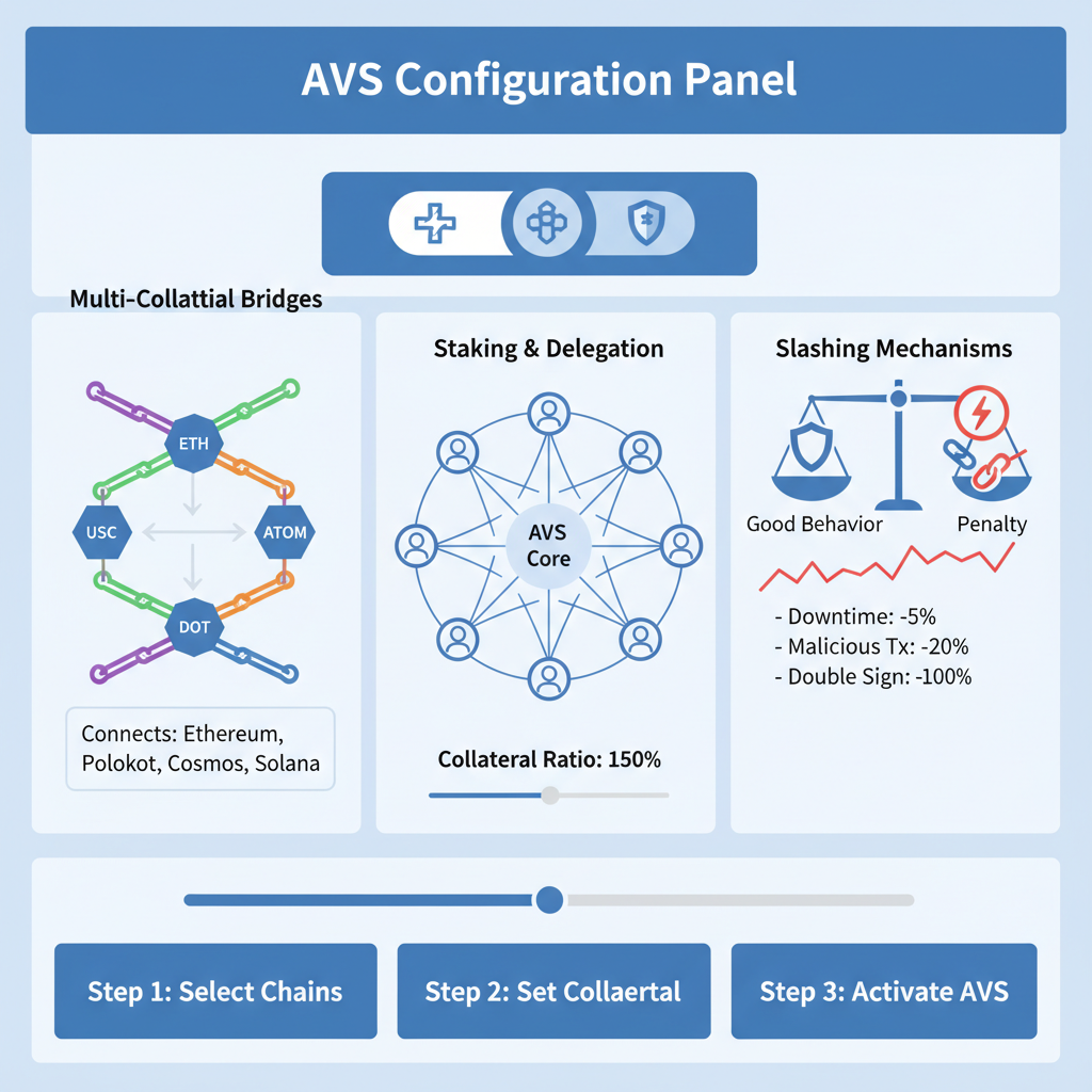 AVS configuration panel, multi-collateral bridges connecting chains, slashing mechanisms visualized, high-tech diagram