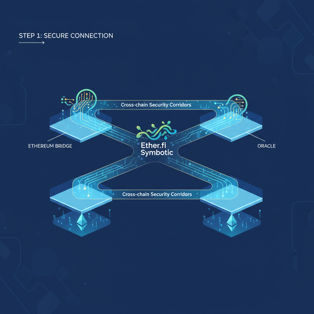 cross-chain security corridors glowing between Ethereum bridges and oracles, Ether.fi Symbiotic logos, data streams