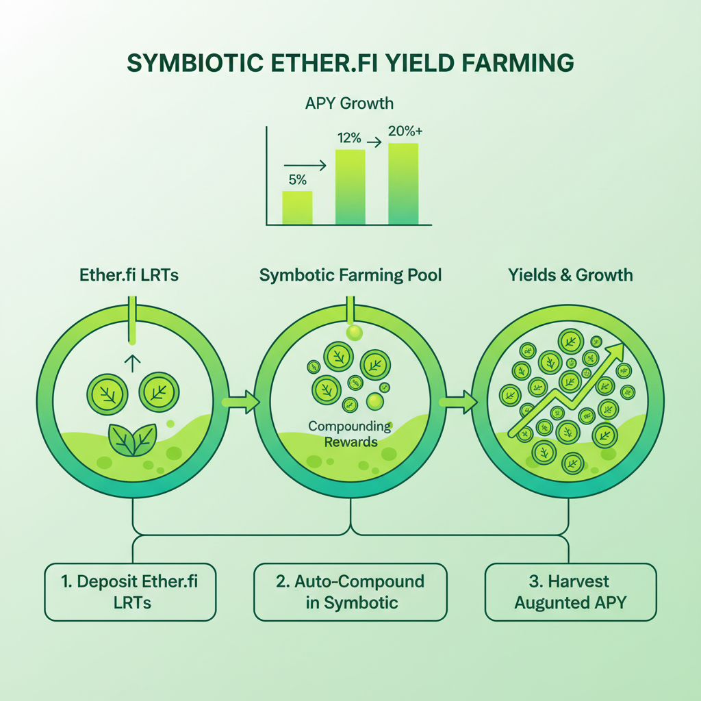 yield farming pools with LRTs compounding, charts showing APY growth, Symbiotic Ether.fi ecosystem, vibrant greens