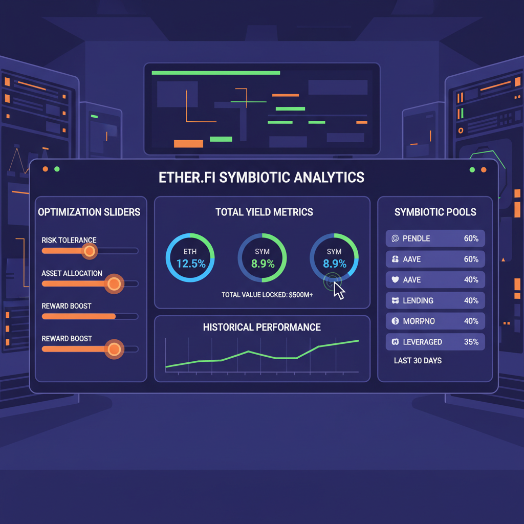 monitoring dashboard with yield metrics, optimization sliders, Ether.fi Symbiotic analytics, futuristic control room