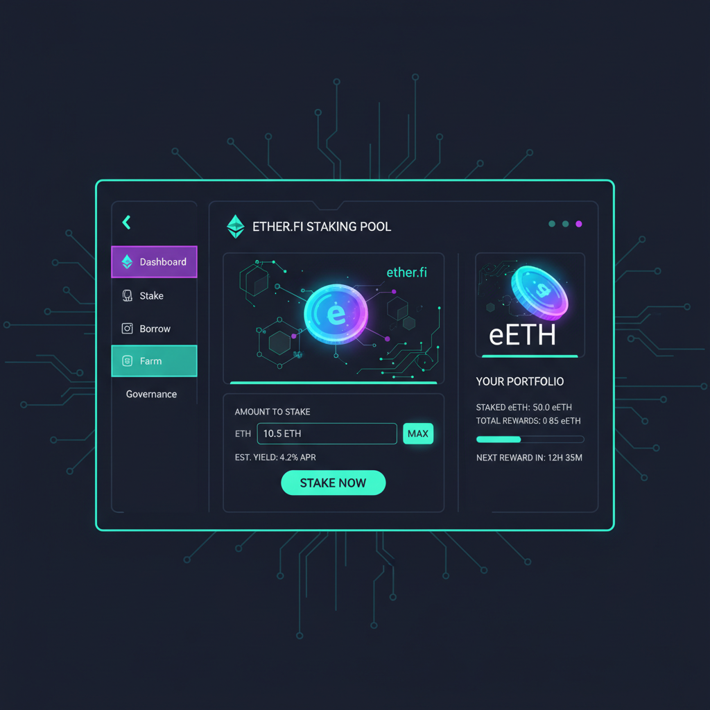 sleek DeFi dashboard staking ETH on Ether.fi, glowing eETH tokens, futuristic UI, cyberpunk style