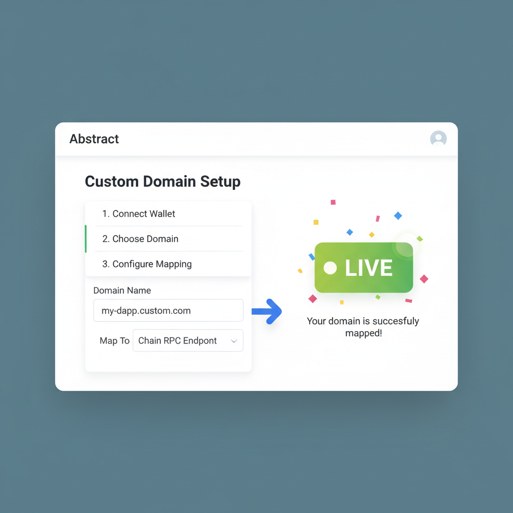 custom domain setup screen on Abstract, domain mapping to chain RPC, live status badge, celebratory confetti
