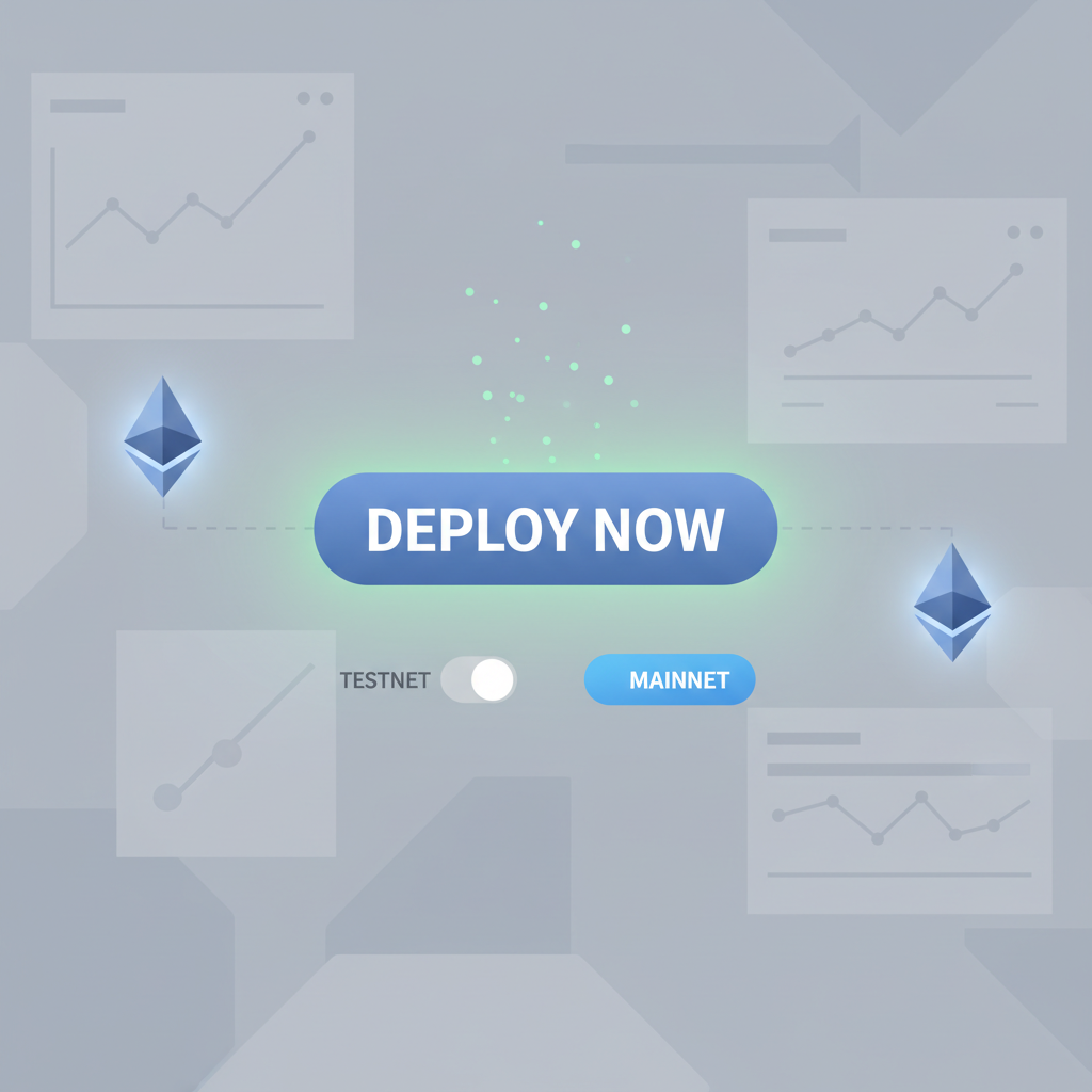 prominent one-click deploy button on Abstract dashboard, testnet/mainnet switch, green success glow, Ethereum nodes