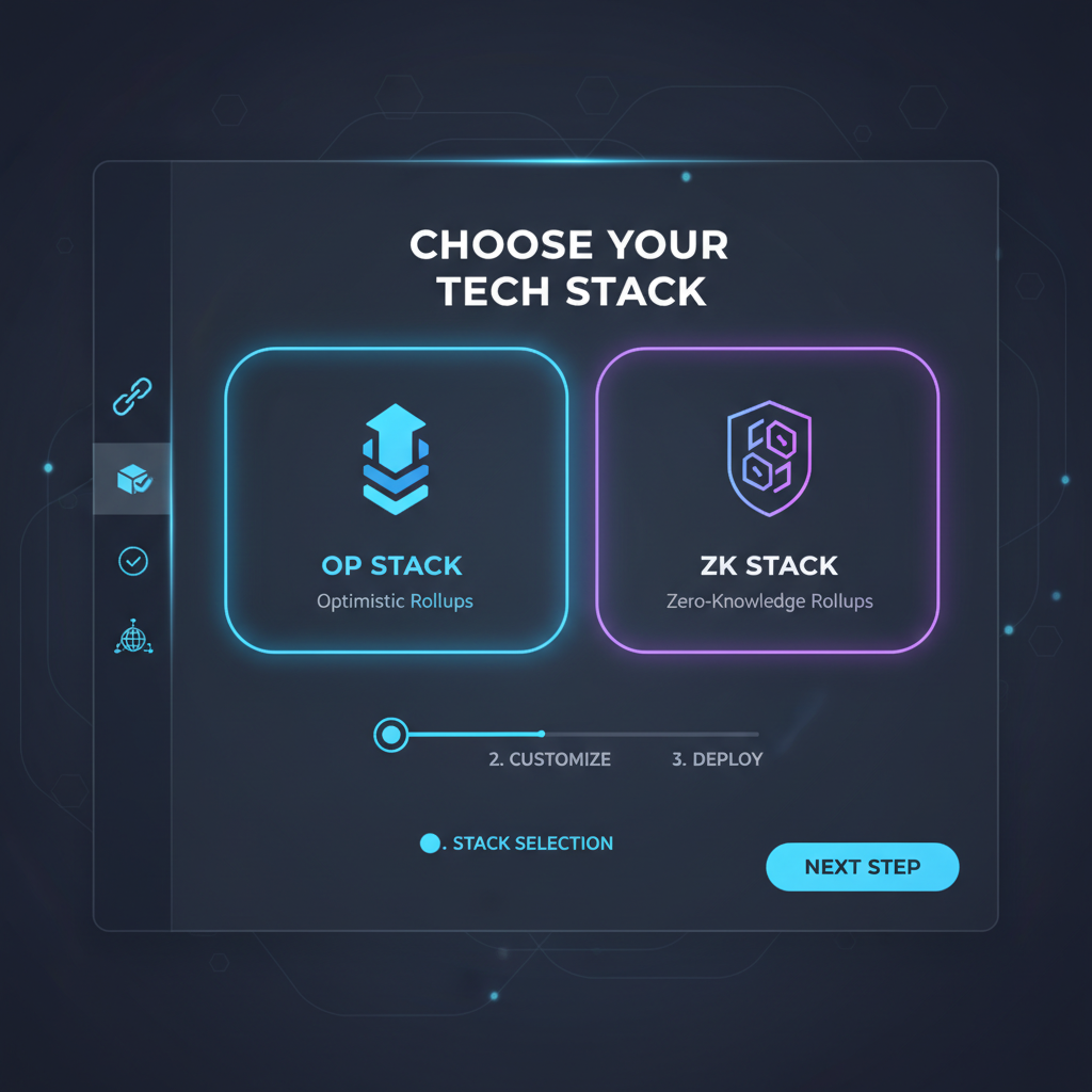 clean Abstract RaaS signup dashboard selecting OP or ZK stack, futuristic UI, neon blues, blockchain icons