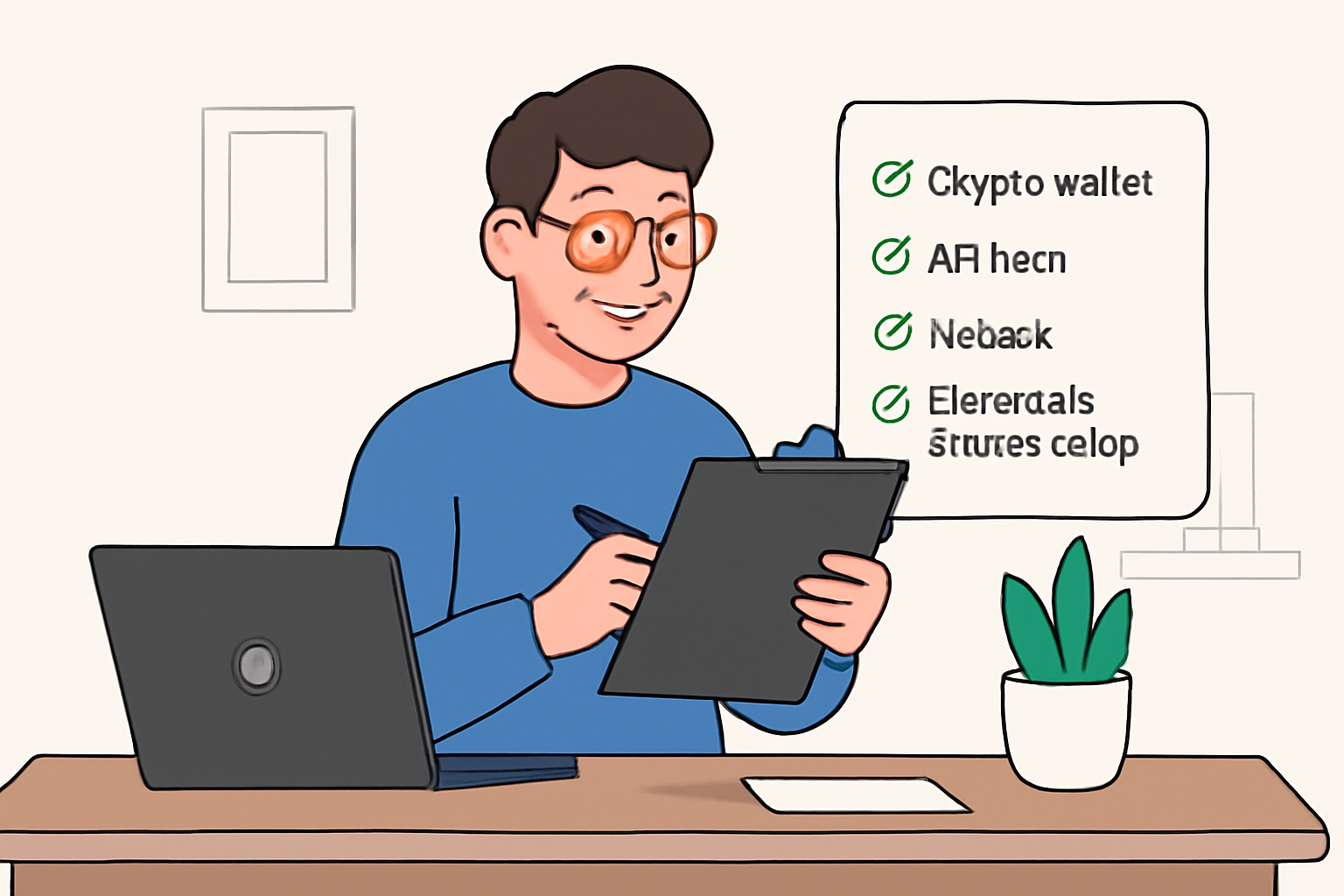 A developer checking a list: crypto wallet, API keys, Node.js, and an Express.js server setup, in a clean workspace.