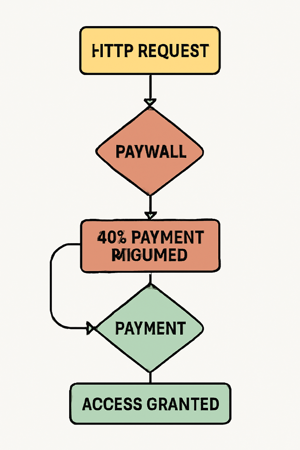 A flowchart showing an HTTP request hitting a paywall, receiving a 402 response, then retrying with payment and being granted access.