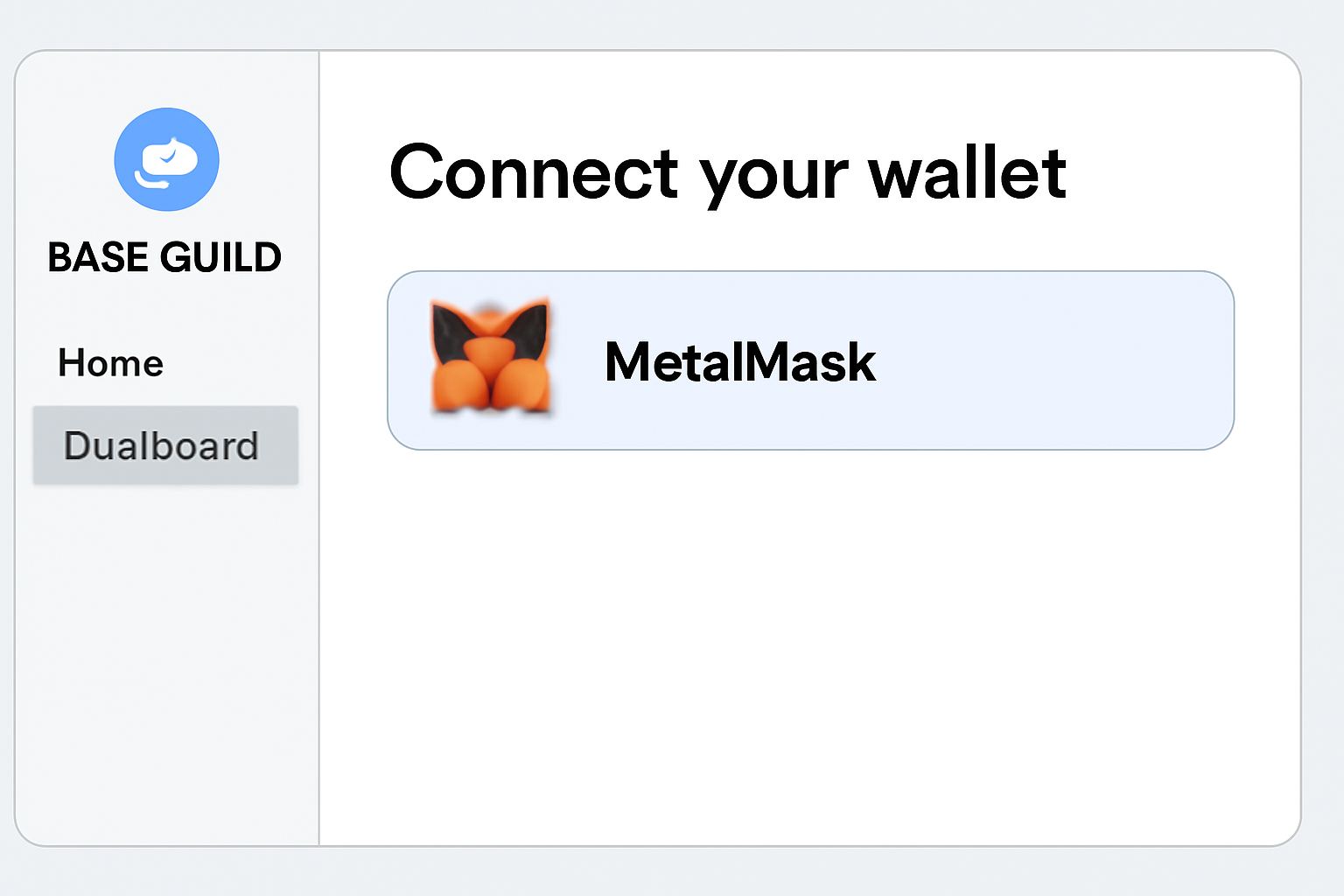 sleek dashboard with metamask wallet connecting to Base Guild platform