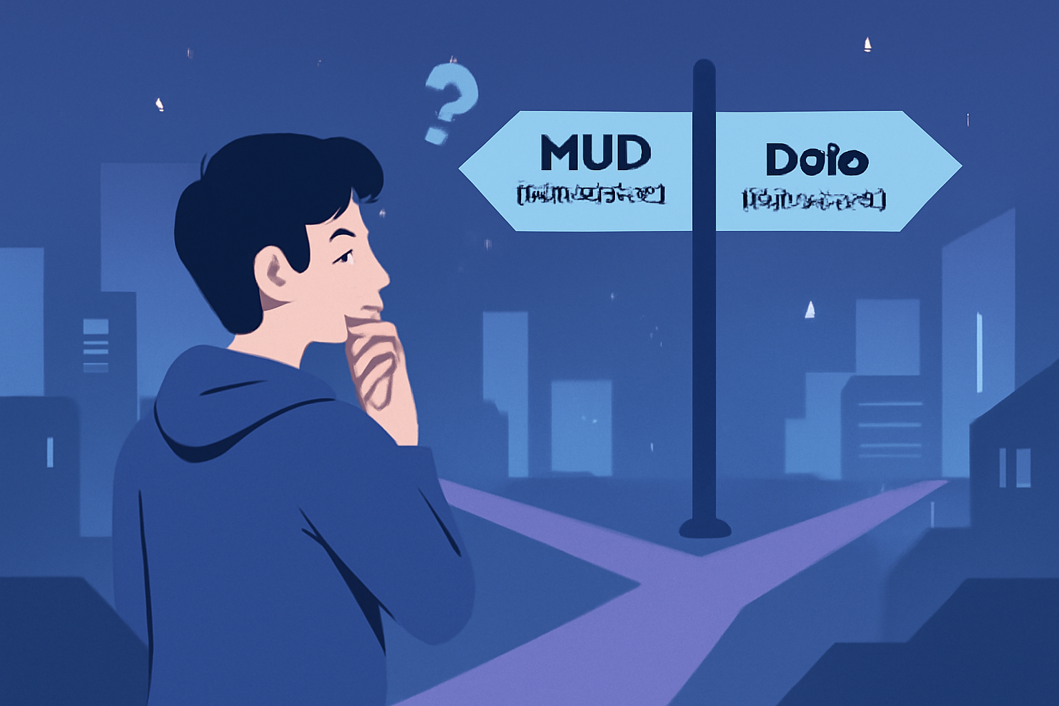 a thoughtful developer at a crossroads, signposts labeled 'MUD (Ethereum)' and 'Dojo (StarkNet)', futuristic style