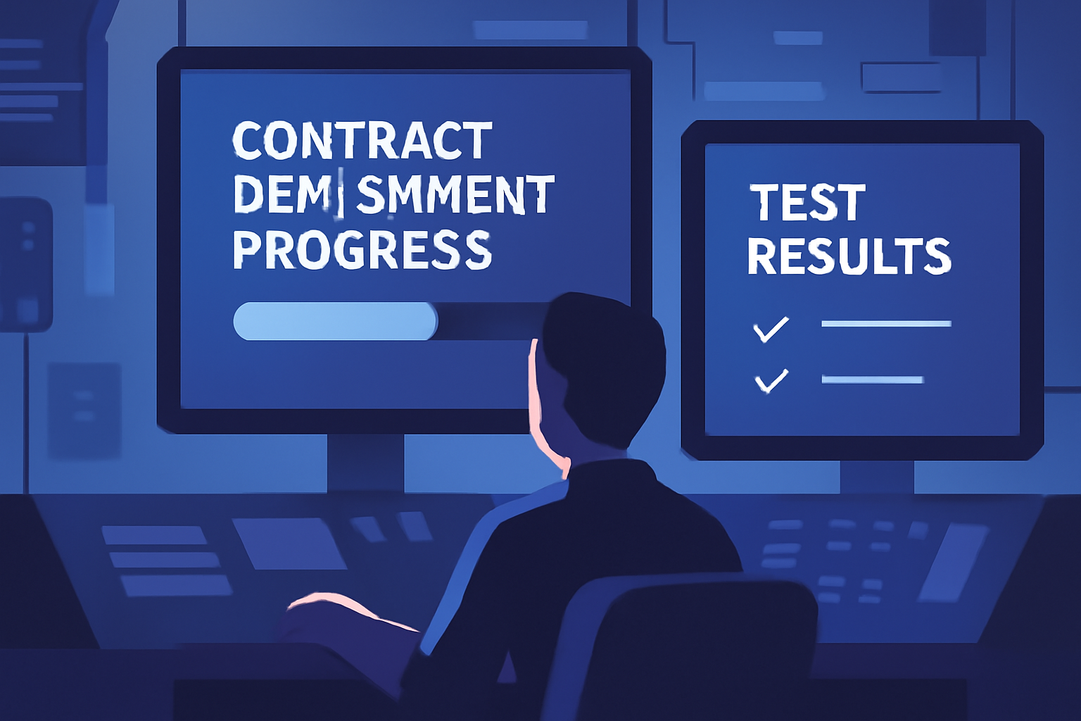 a futuristic control room with screens showing contract deployment progress and test results, sense of anticipation