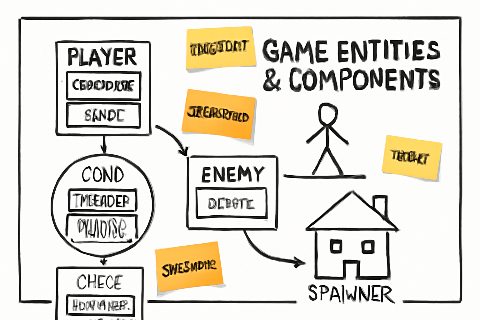 a whiteboard filled with diagrams of game entities and components, sticky notes representing systems, creative brainstorming session