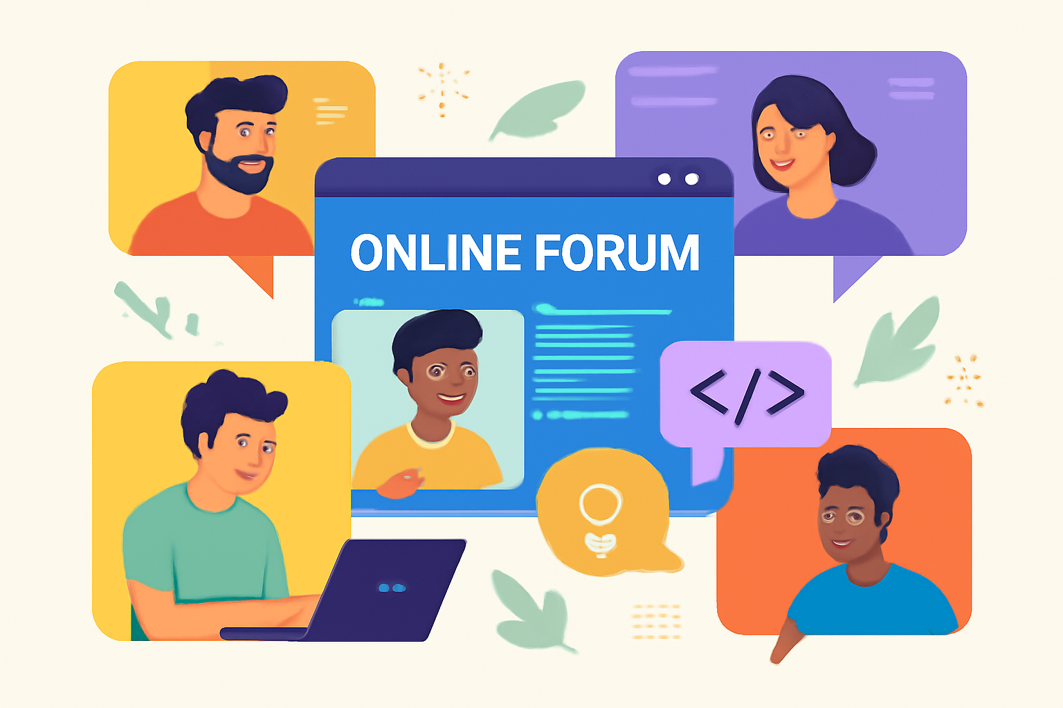 a vibrant online forum with avatars of developers discussing, exchanging ideas, and sharing code snippets, digital community vibe