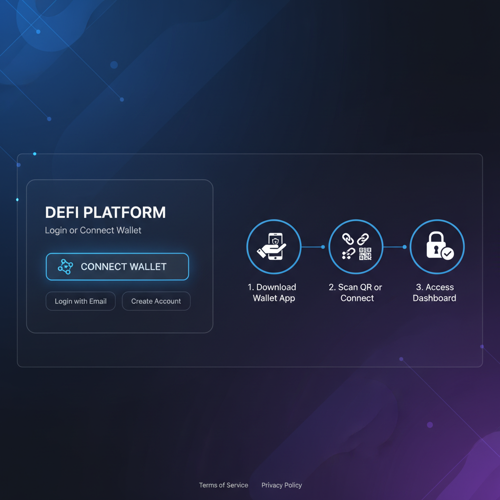 clean modern DeFi dashboard login screen with wallet connect button, dark mode, professional UI