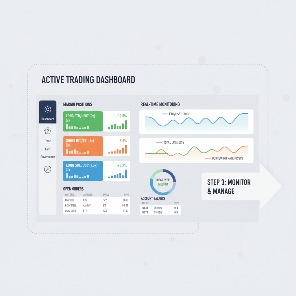 active DeFi trading dashboard with margin positions, real-time monitoring graphs