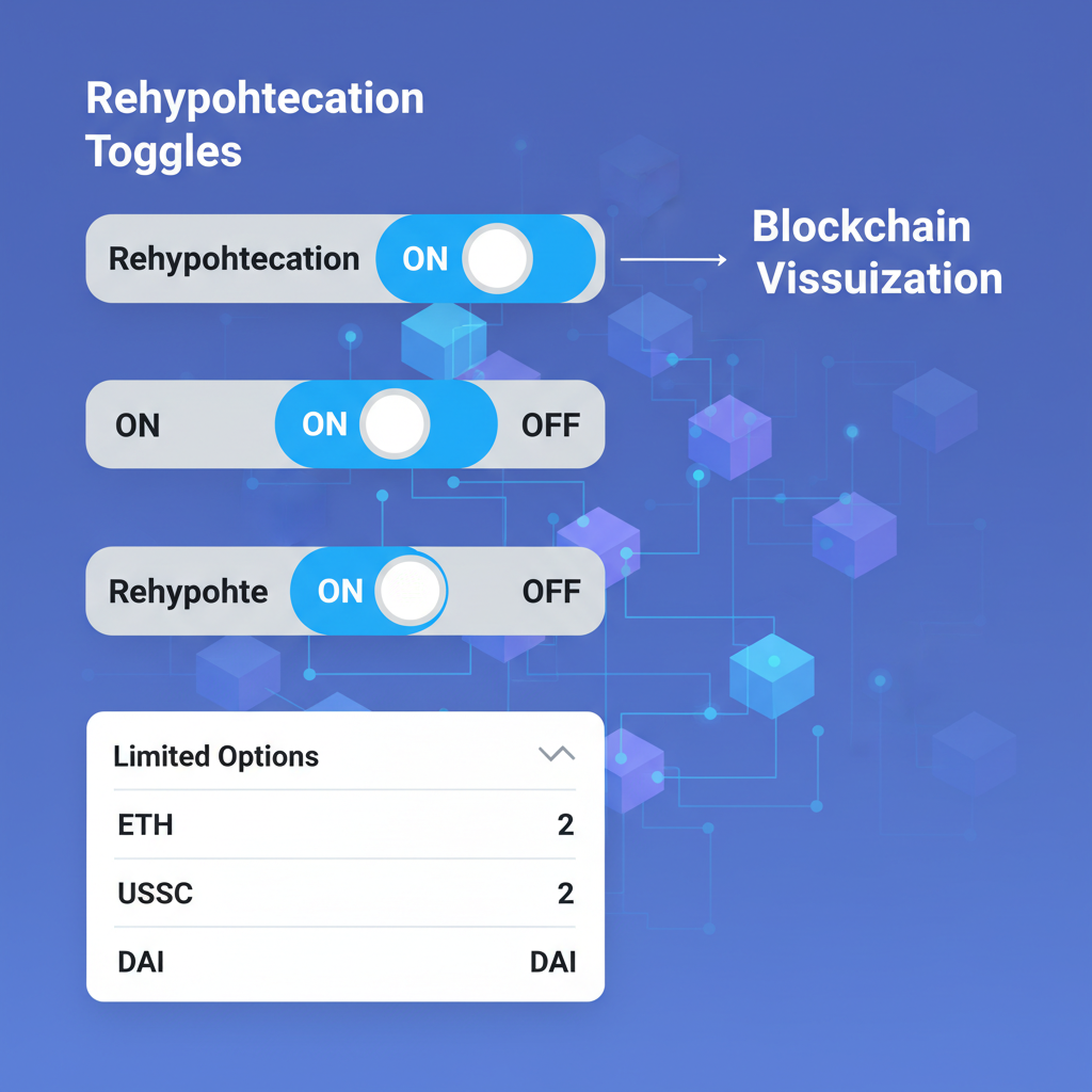 rehyptohecation toggle switches on DeFi UI, on off limited options, transparent blockchain visualization