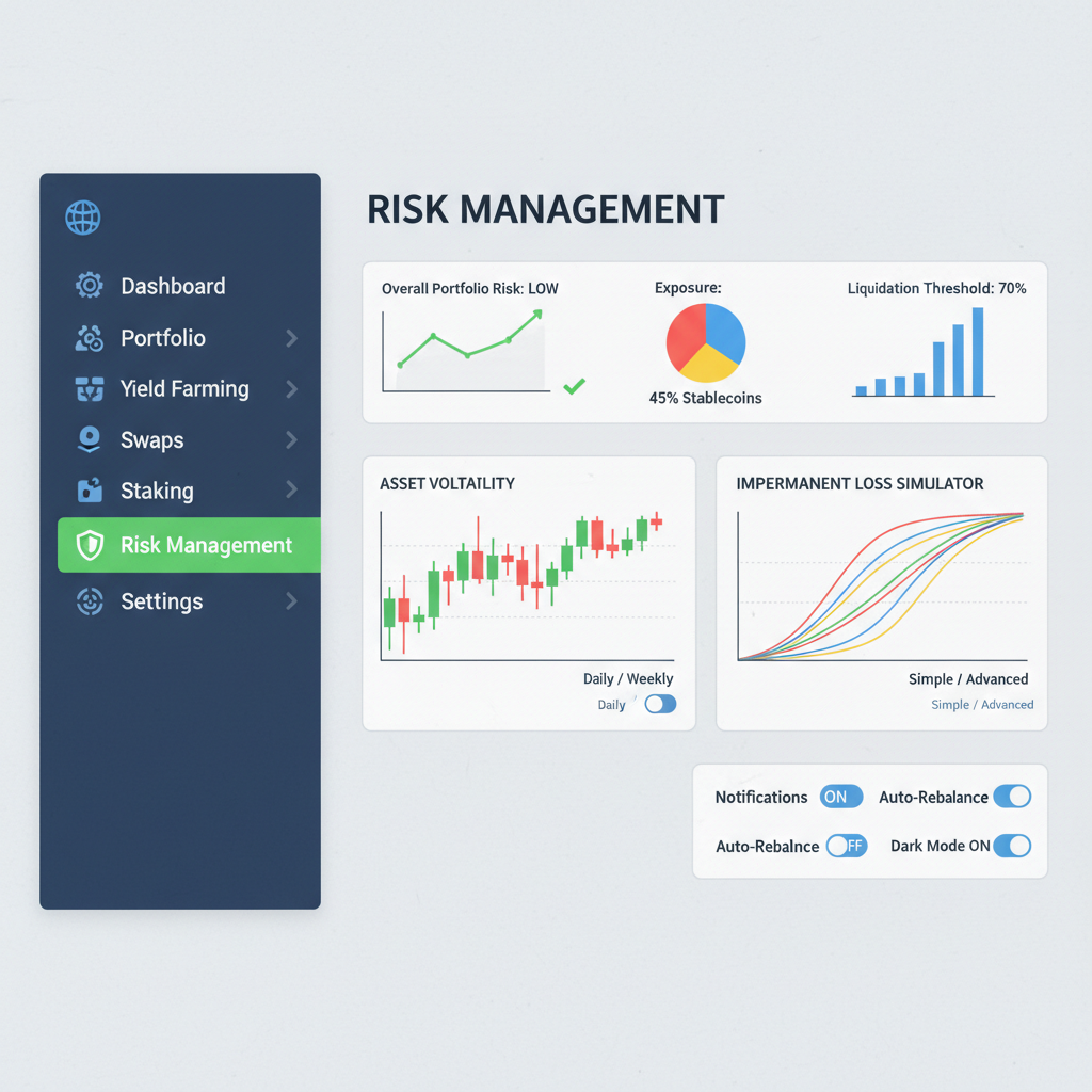 DeFi dashboard sidebar with Risk Management highlighted, professional charts and toggles