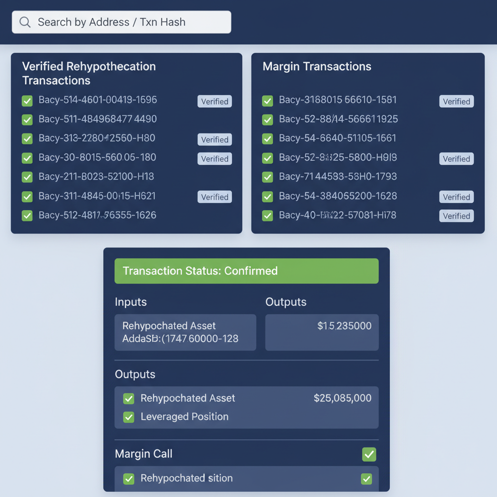 blockchain explorer view showing verified rehypothecation and margin txns, green checkmarks