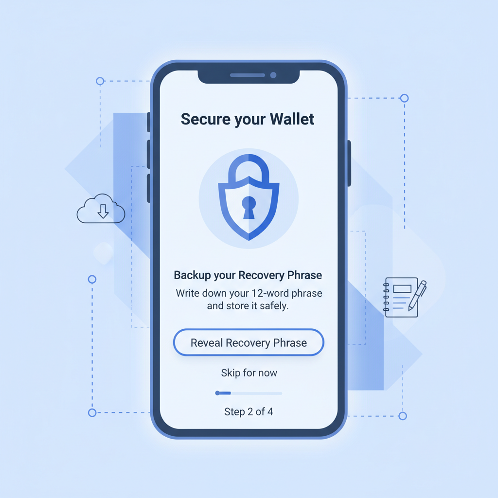 Coinbase Wallet setup screen showing recovery phrase backup prompt, secure vibe