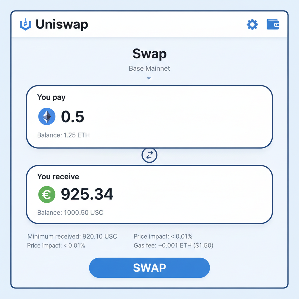 Uniswap DEX swap screen on Base network, ETH to USDC interface