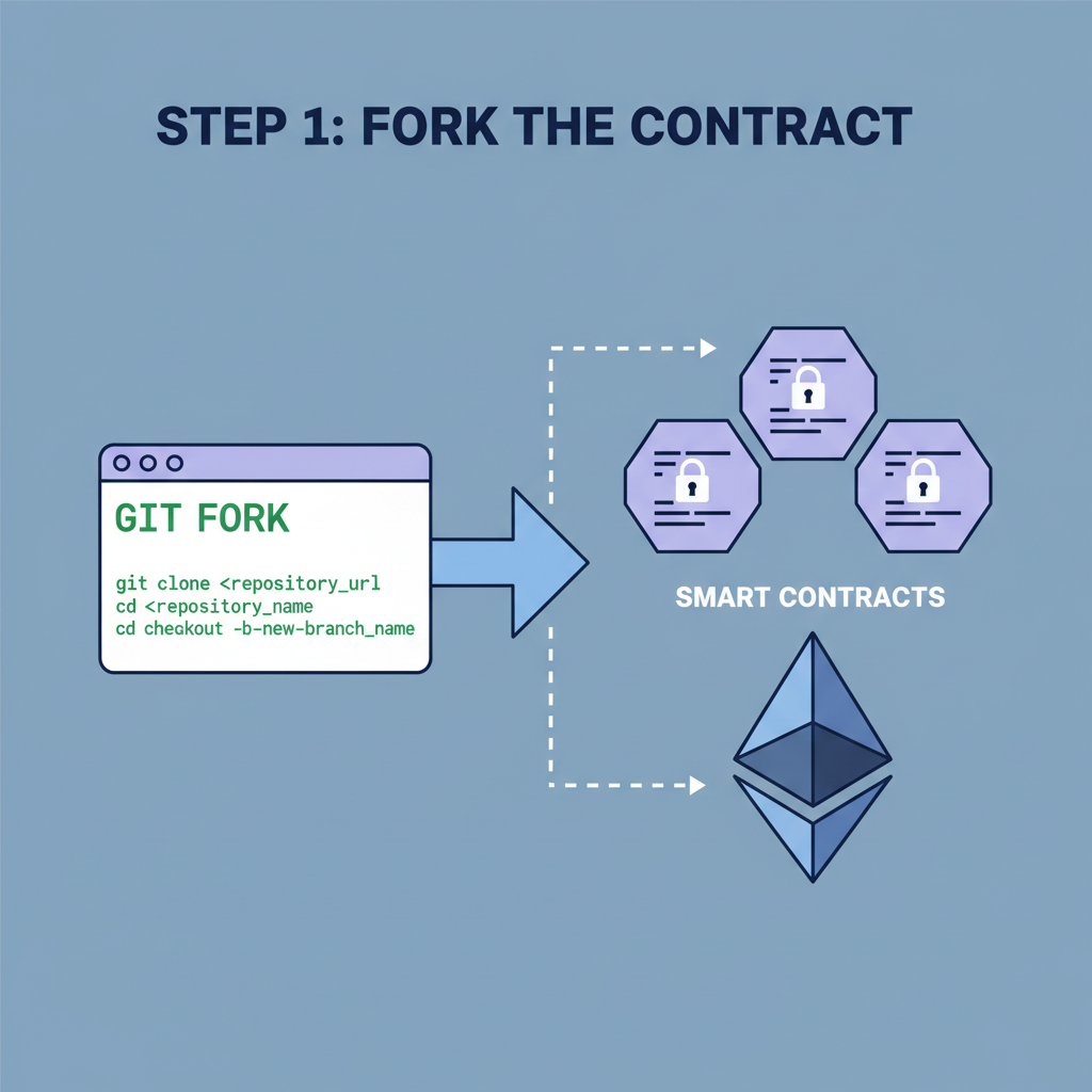 git fork command line interface with blockchain contracts and Ethereum logo