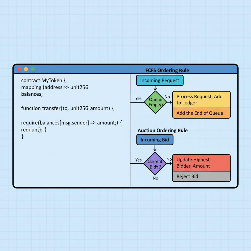 smart contract code editor showing FCFS and auction ordering rules flowchart