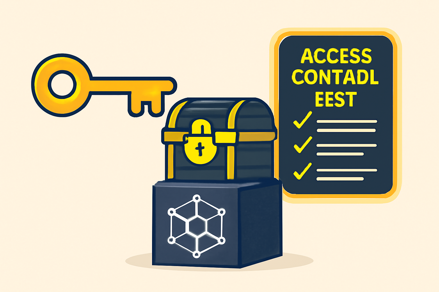 golden key granting access to encrypted treasure chest on blockchain pedestal, access control list glowing