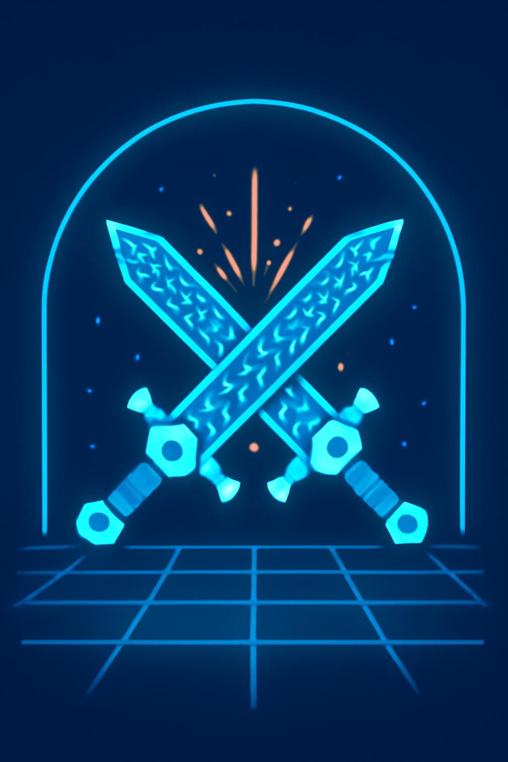 two encrypted swords clashing in holographic arena, sparks of homomorphic comparison, neon blues