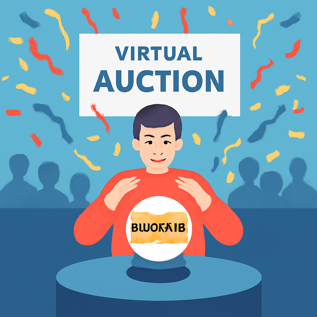 winning bidder unveiling decrypted bid from crystal orb, confetti explosion in virtual auction hall