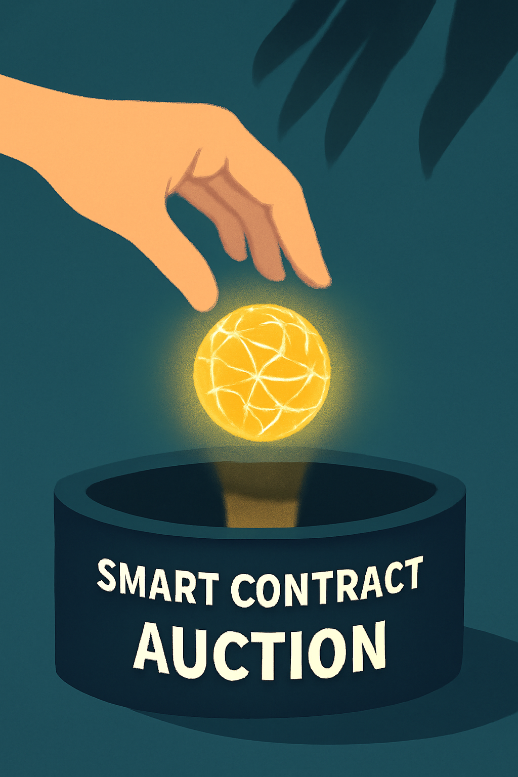 user hand dropping glowing encrypted orb into smart contract auction pit, ethereal shadows