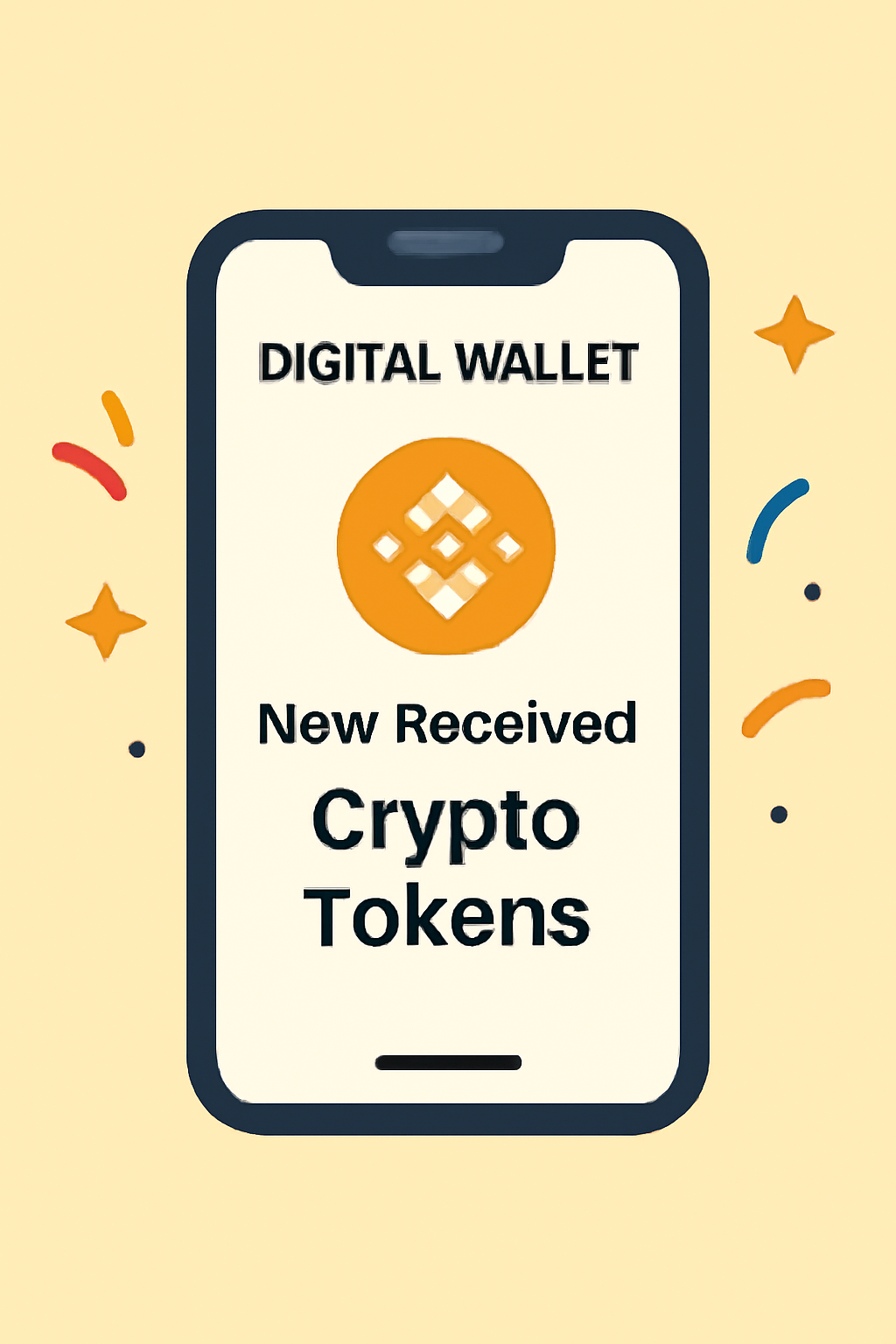 A digital wallet on a smartphone showing newly received crypto tokens, with the Binance logo and celebratory graphics.