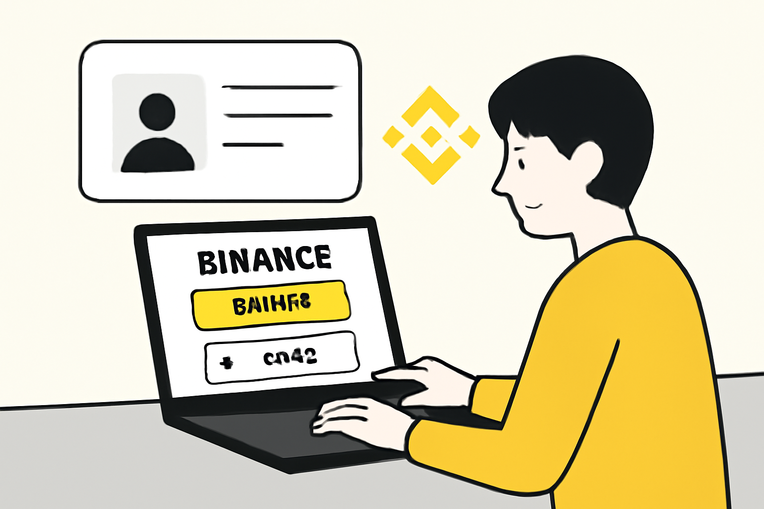 A person using a laptop to register and verify their identity on the Binance website, with a digital ID card and Binance logo in the background.