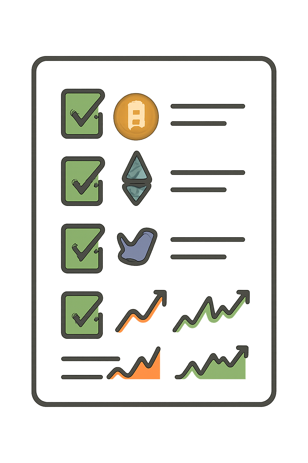 A checklist with crypto tokens, social media icons, and trading graphs, with a green checkmark indicating eligibility met.