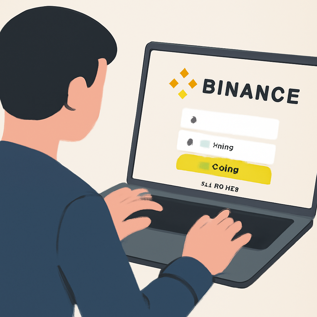 A user logging into the Binance website on a laptop, with the Binance logo visible on the screen.