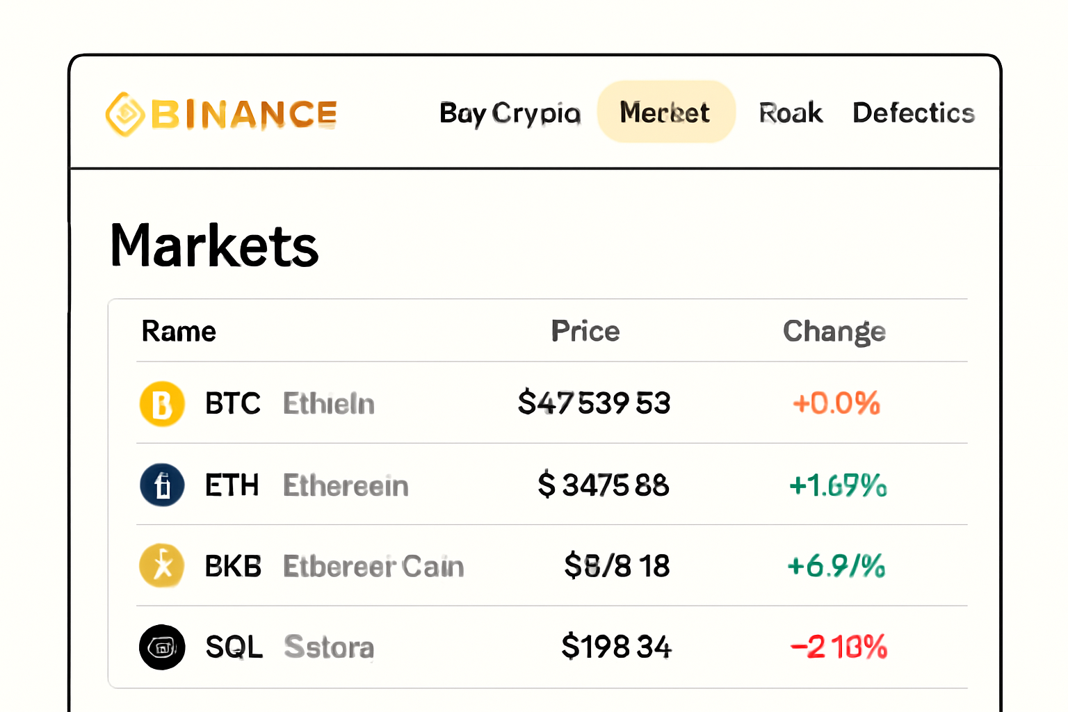 Binance homepage with the 'Markets' tab highlighted, showing a list of cryptocurrencies and their prices.