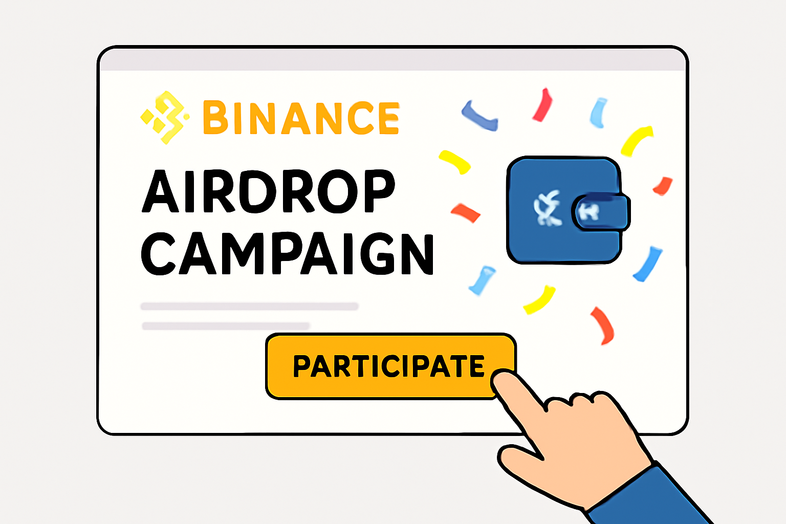 A user clicking a 'Participate' button on a Binance airdrop campaign page, with a Web3 wallet icon and confetti.